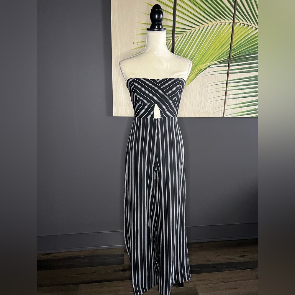 SHE + SKY Strapless Striped Jumpsuit with Cutout